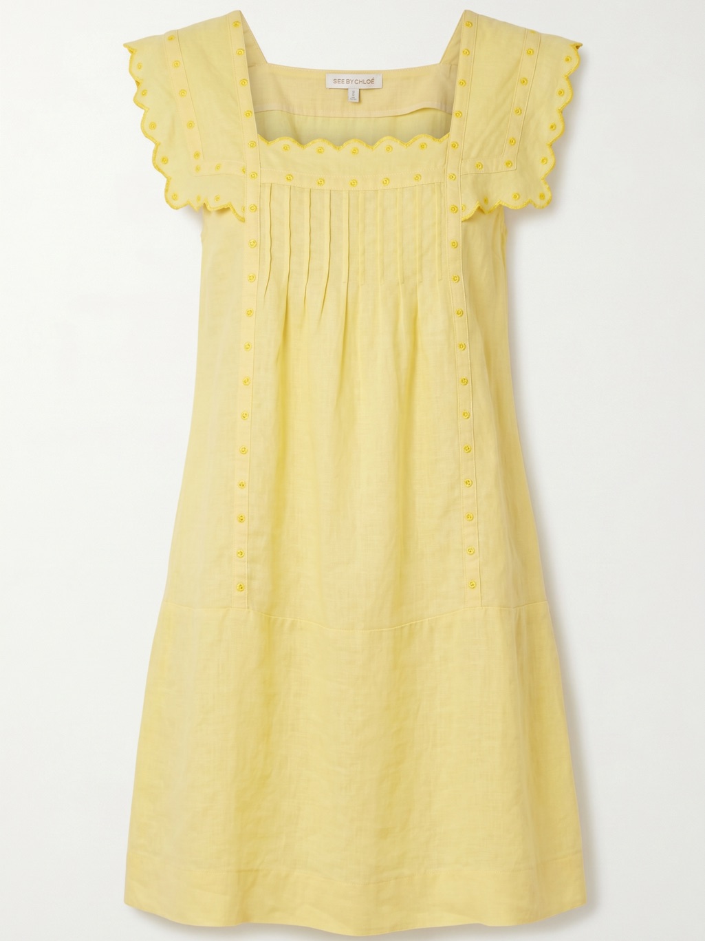 Chlo Size 6 Yellow Embroidered Scallop Pleated Dress